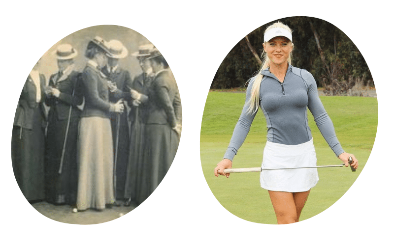 why women should learn how to play golf, comparison of old fashions and new golf attire 