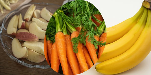 healthy snacks to eat on the golf course, images of apple slices, bananas and carrots