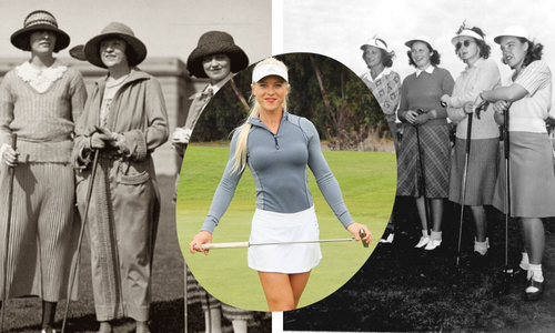 women's golf fashion, image of 1920s, 1950s and modern day women golfers